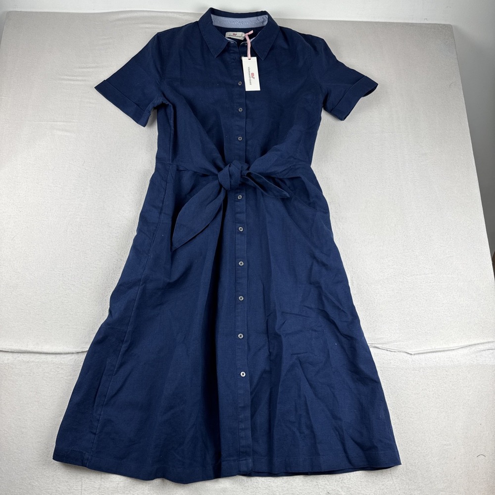 New! Vineyard Vines Tie-Front Linen Cotton Dress Sz 12 ($188) Navy Pockets
